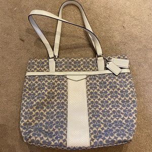 COACH JACQUARD BLUE & CREAM LEATHER STRIPE TOTE